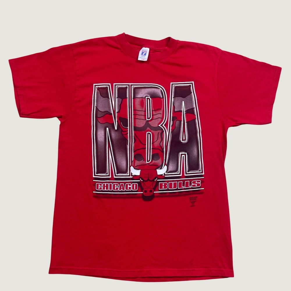 Vintage Chicago Bulls Logo 7 T Shirt Mens Large Red 90s Big Logo Spellout NBA
